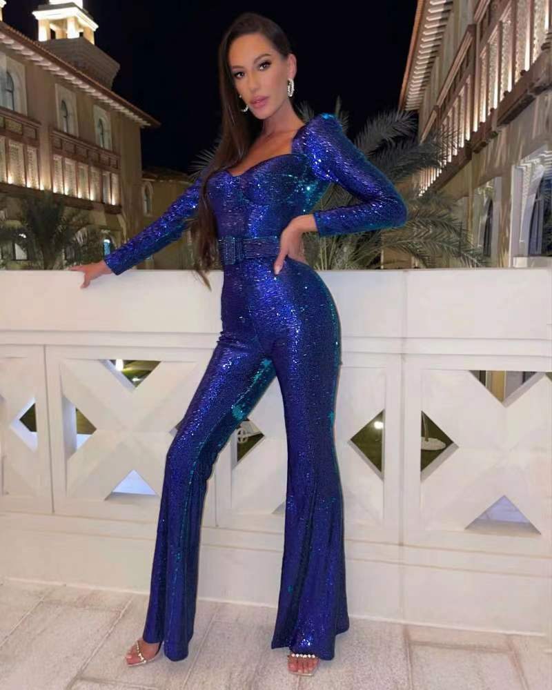 WOMEN'S SEQUIN BELTED EVENING JUMPSUIT WITH LONG SLEEVES