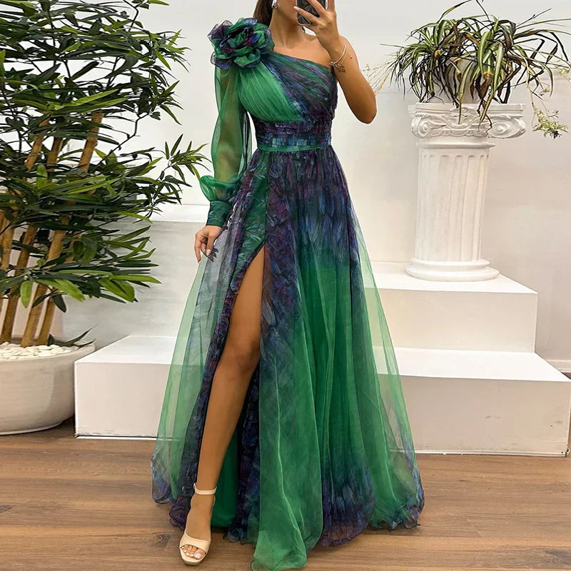 MESH OVERLAY MAXI DRESS WITH SPLIT