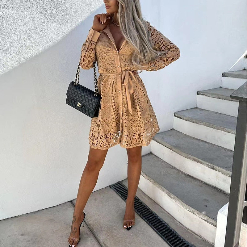 Women's Summer Lace Mini Dress With Long Sleeves And Belt