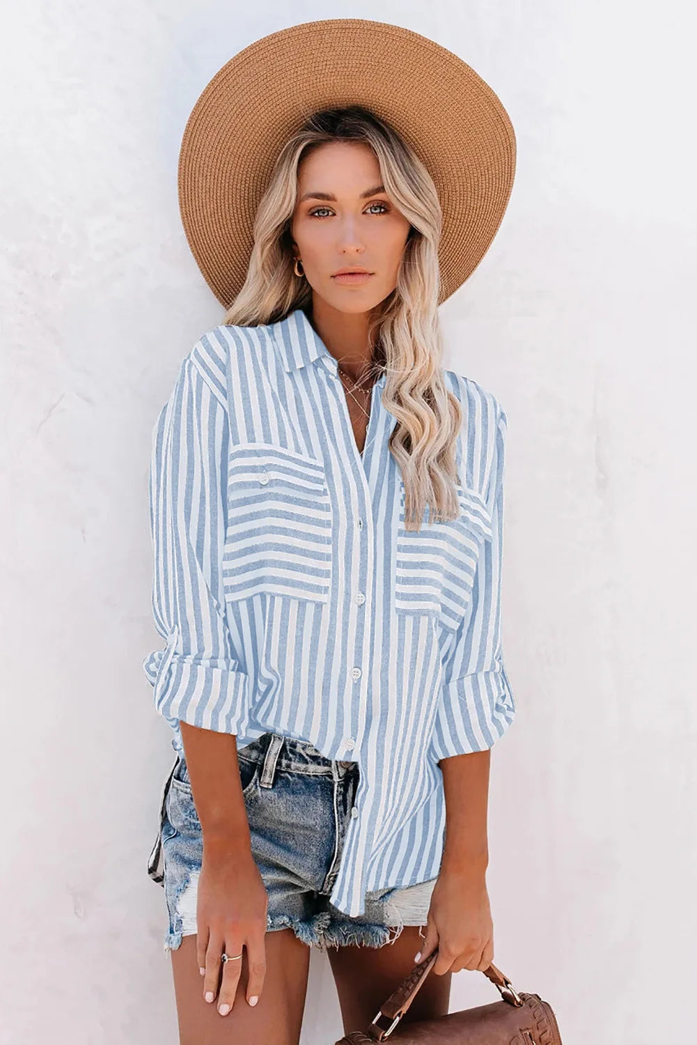Women's Striped Button Up Shirt With Rolled Sleeves