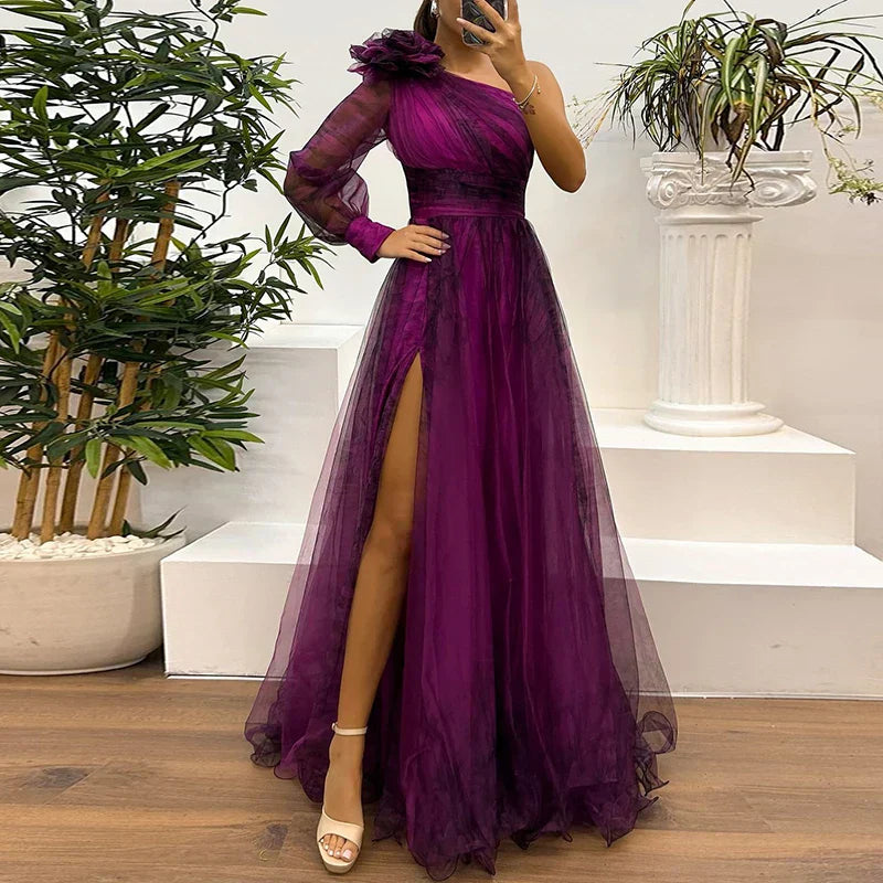 MESH OVERLAY MAXI DRESS WITH SPLIT