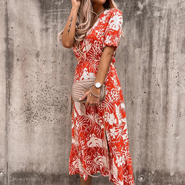 Women's Summer Floral Midi Dress with V-neck and Side Slit