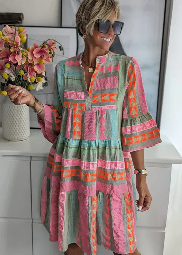 STYLISH COTTON HEMP V-NECK BOHO MIDI SUMMER DRESS