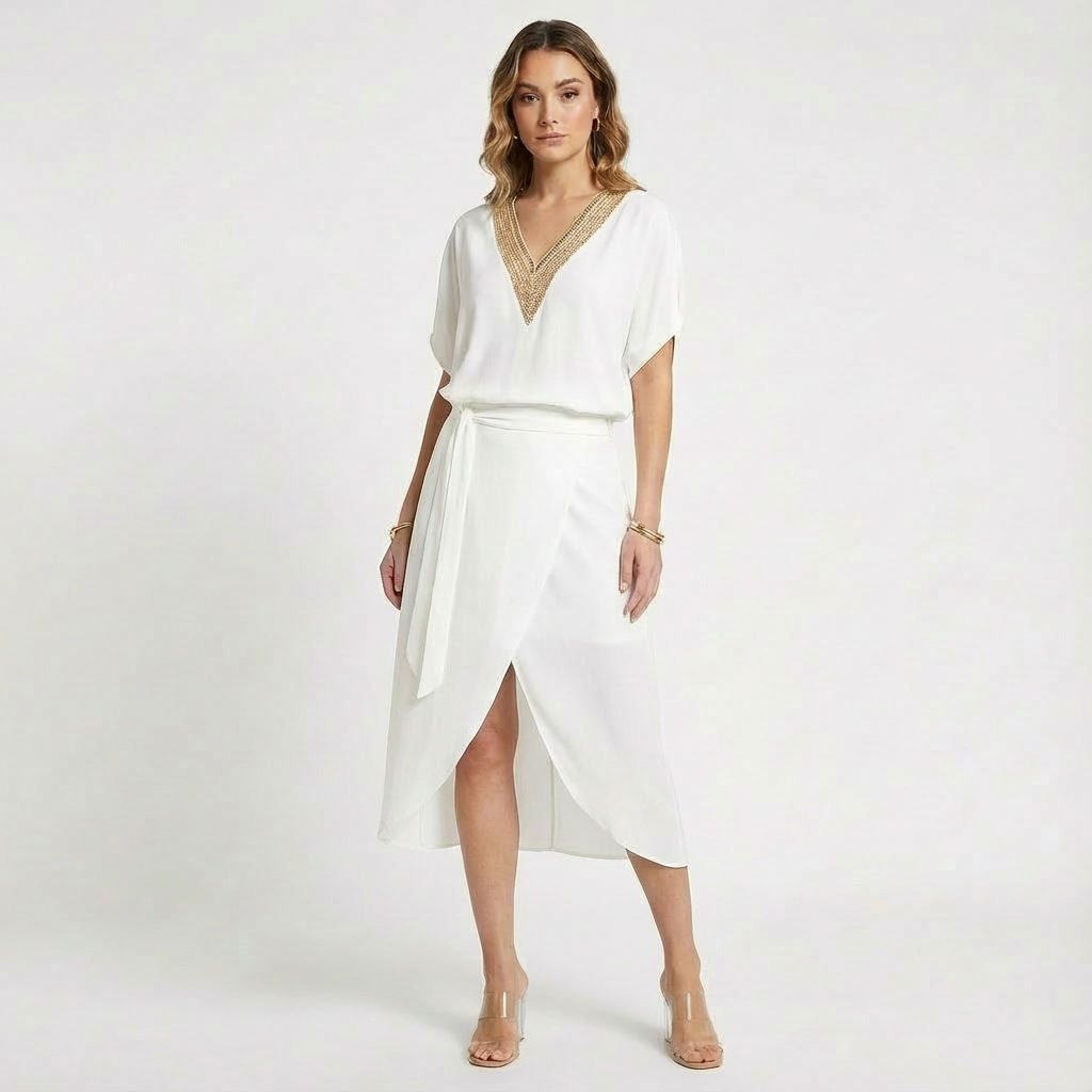 Sabrina | Women's Wrap V-Neck White Midi Dress