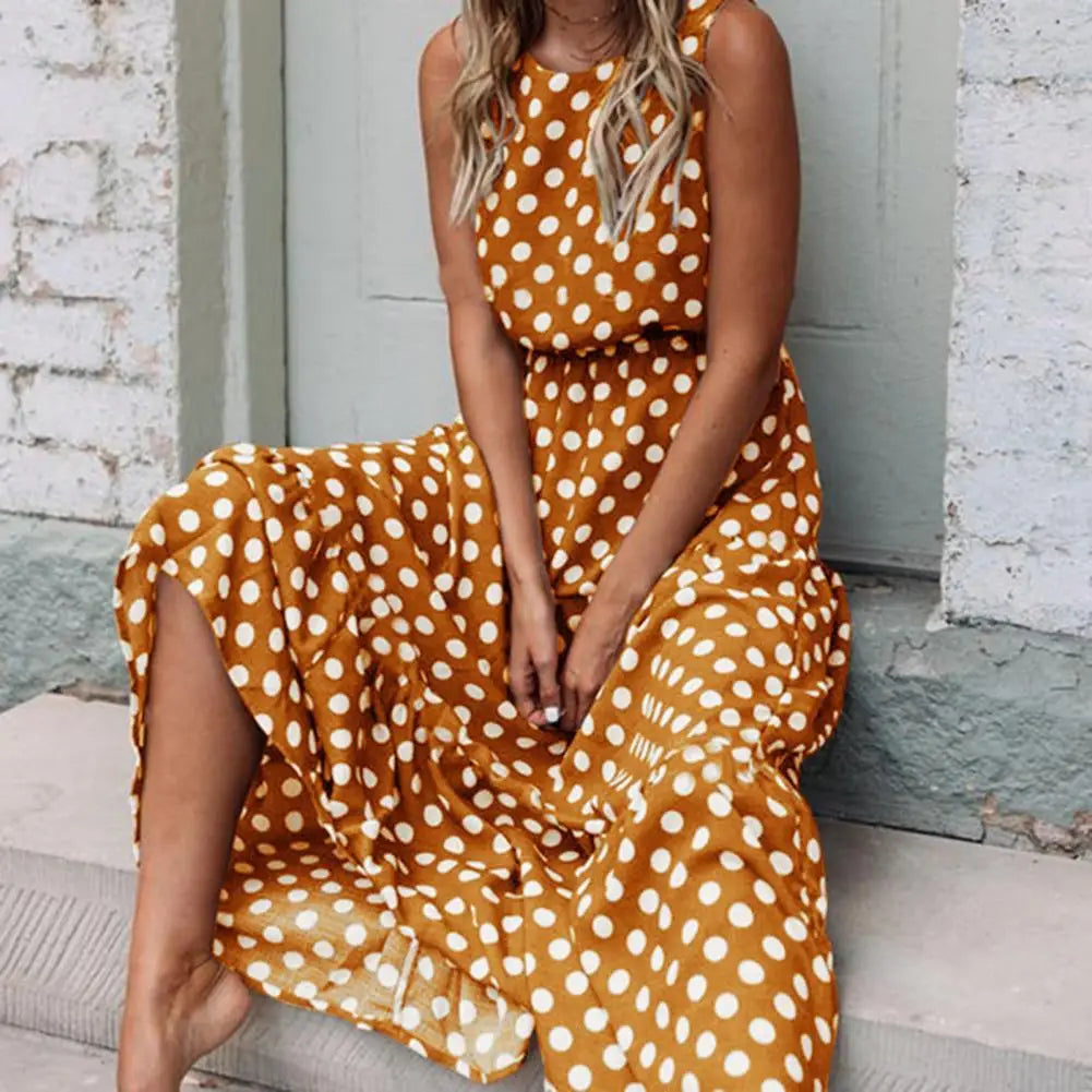 Women's Polka Dot Maxi Dress With Sleeveless Design
