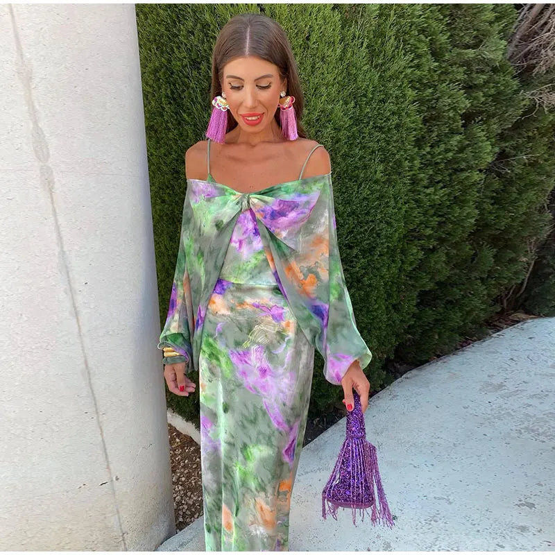 VIBRANT HALO-DYE PRINT MAXI DRESS WITH DETACHABLE SCARF