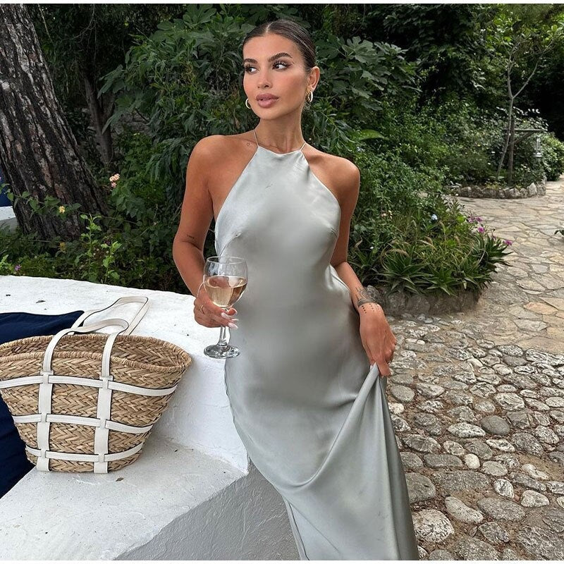 Women's Sleeveless Satin Maxi Dress With Halter Neck