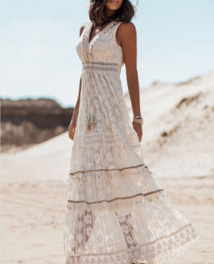 WOMEN'S BOHO MAXI DRESS WITH LACE DETAIL AND V-NECK