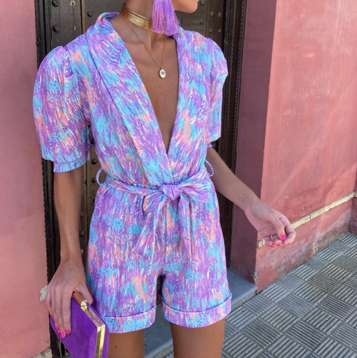Women's Summer Printed Jumpsuit With Puff Sleeves & V-neck