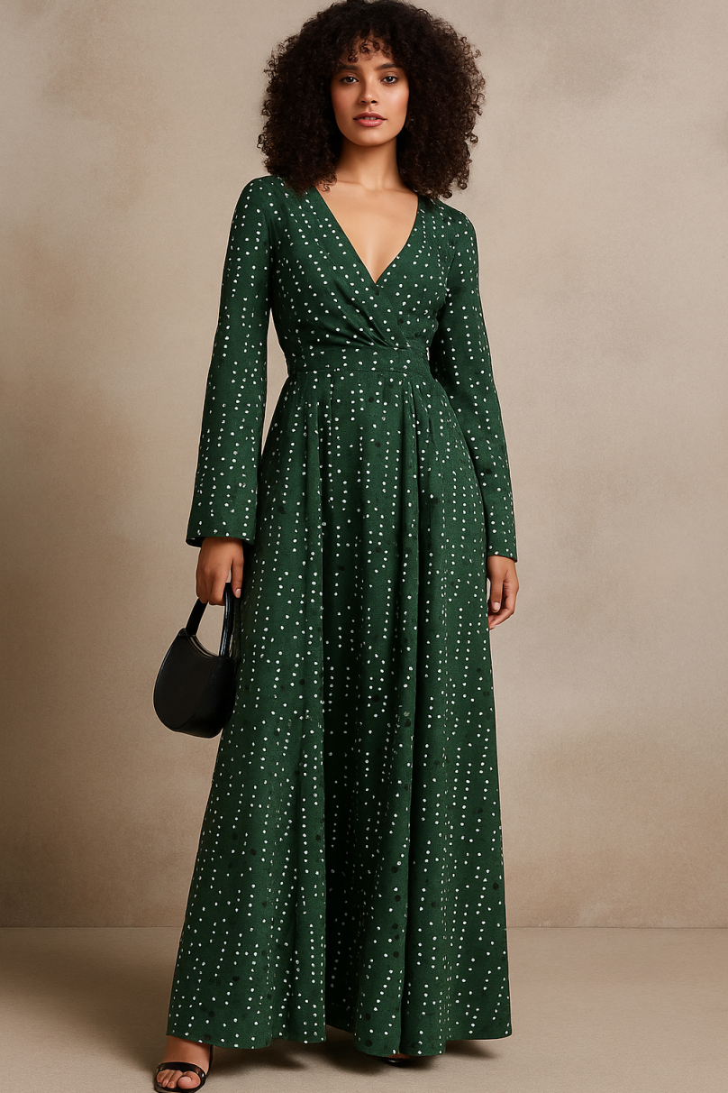 Women's Long Sleeve Maxi Dress With V-neck And Flowy Silhouette