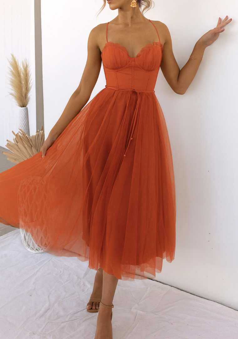 Women's Corset Midi Dress With Tulle Skirt & Spaghetti Straps