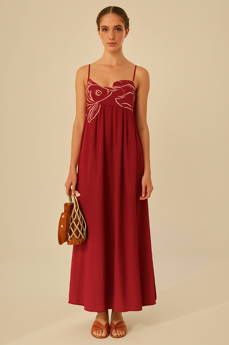 Women's Embroidered Fish Cami Maxi Dress With Semi-sheer Fabric