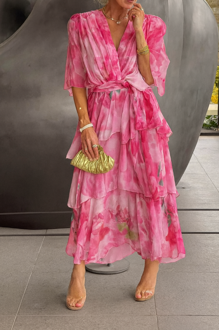 Women's Floral Layered Maxi Dress With V-neck & Half Sleeves