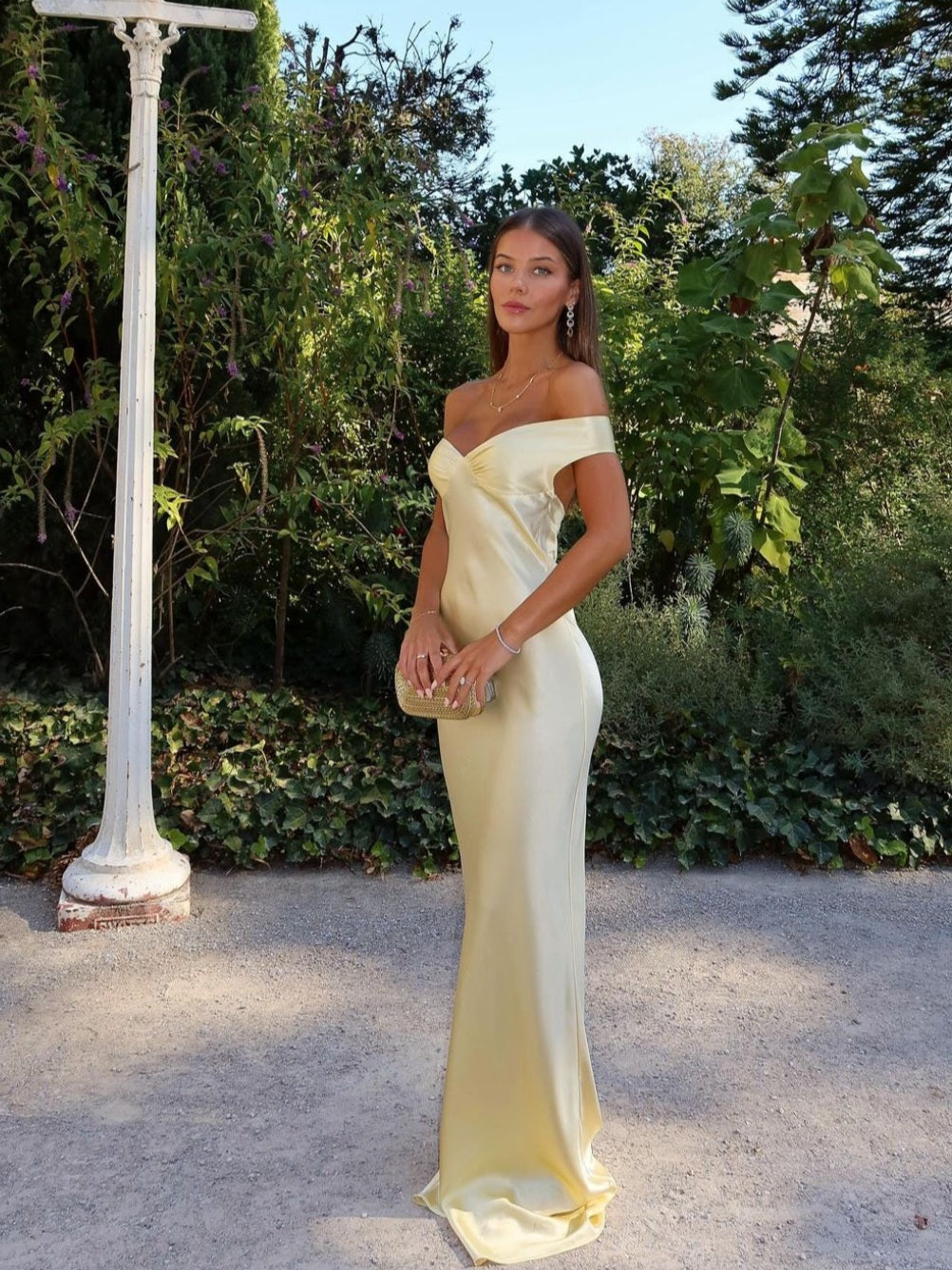 OFF-SHOULDER SATIN WEDDING GUEST MAXI DRESS WITH OPEN BACK