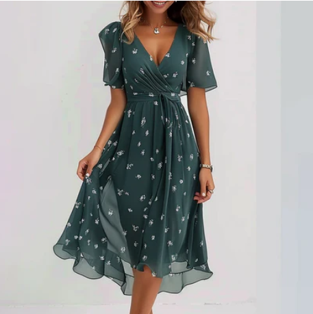 ELEGANT WOMEN'S WRAP MIDI SUMMER DRESS WITH FLUTTER SLEEVES & V-NECK