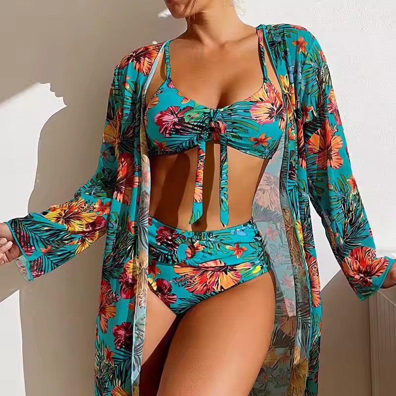 Women's Floral High Waist Bikini Set With Matching Cover-up