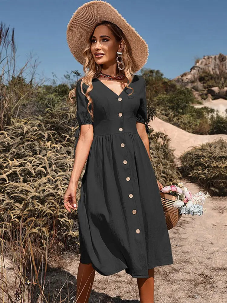 Women's Cotton Summer Midi Dress With V-neck And Button Front