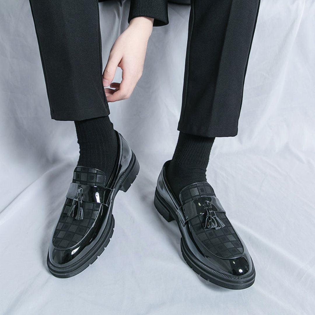 Men's Checkered Tasseled Loafers With Patent Leather Trim