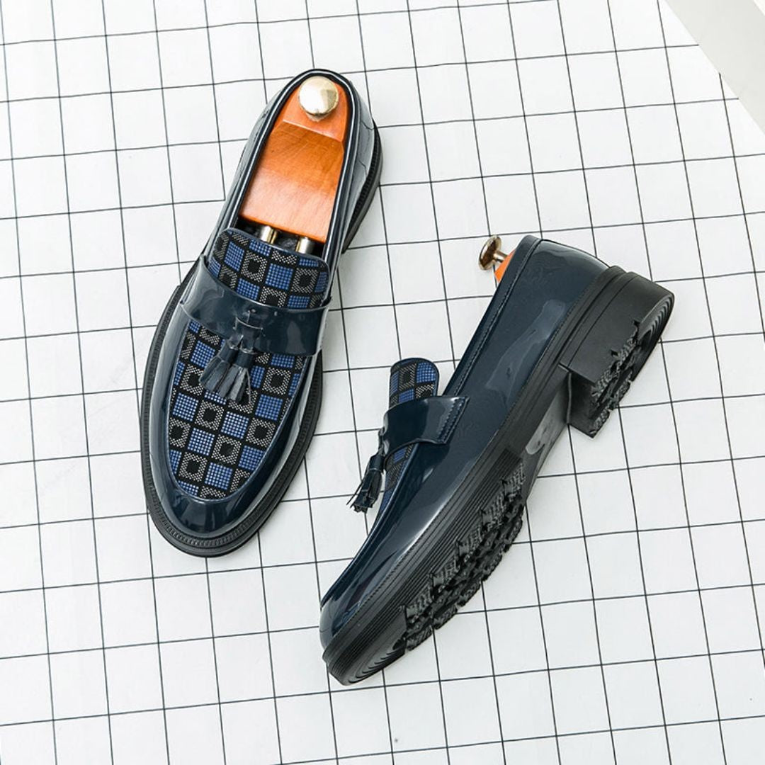 Men's Checkered Tasseled Loafers With Patent Leather Trim