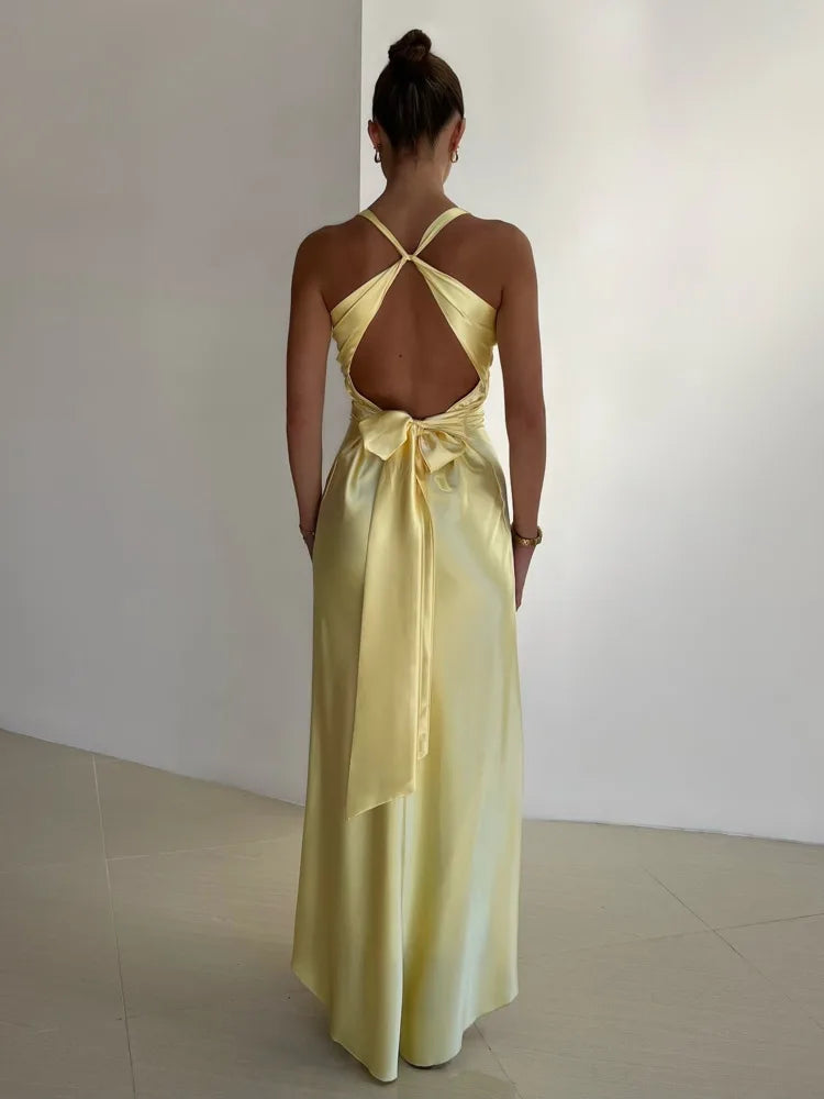 Women's Satin Halter Maxi Dress With Twisted V-neck Detail