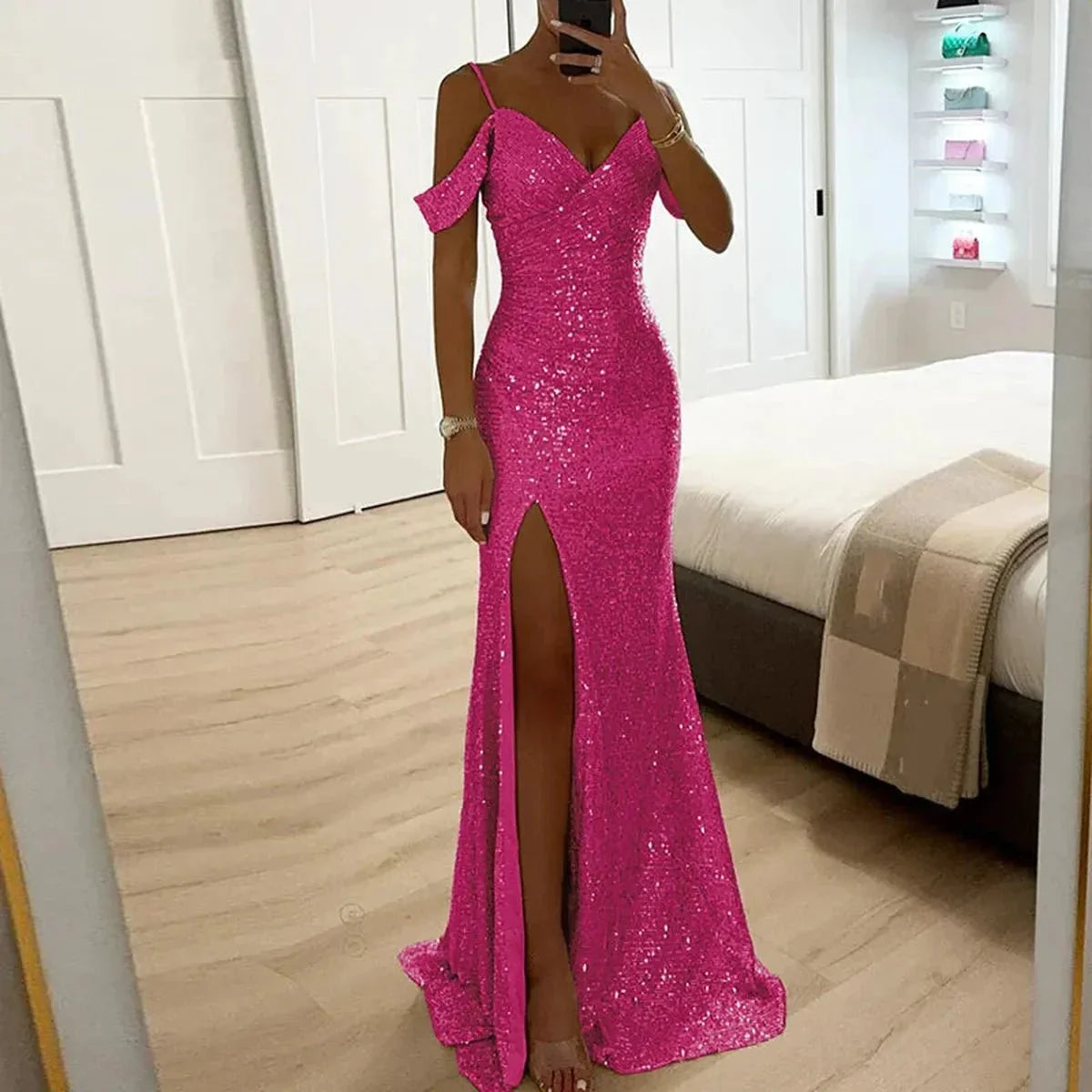 Women's Sequin Off-shoulder Gown With Thigh-high Slit