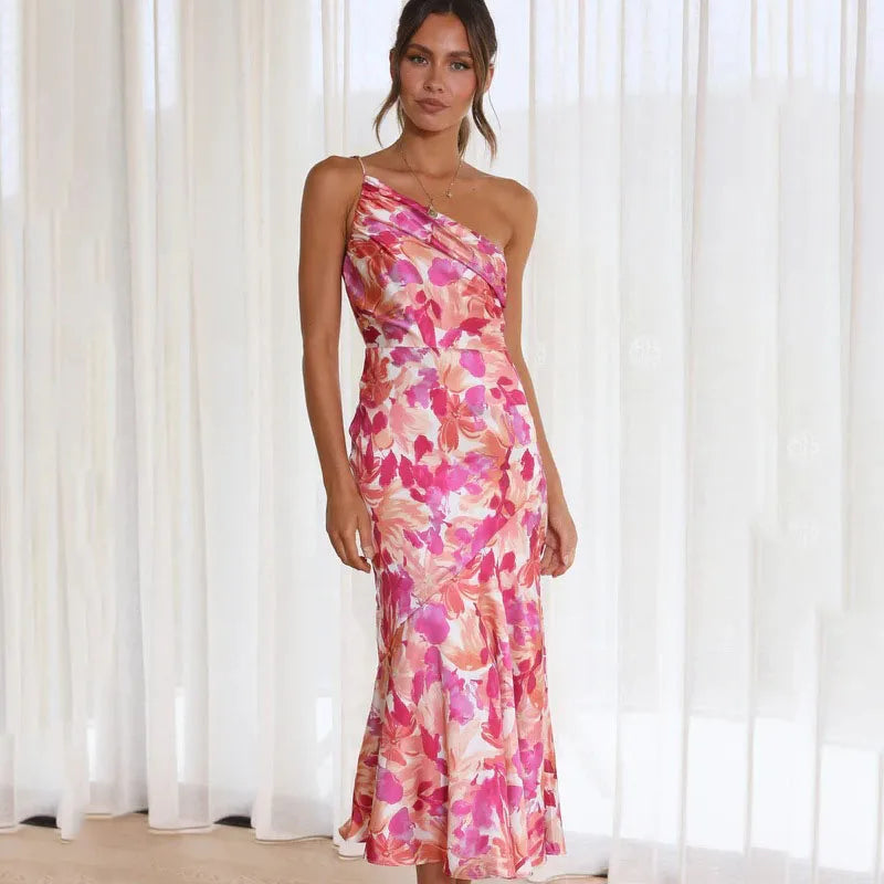 Women's Asymmetrical Floral Midi Dress With One-shoulder Design
