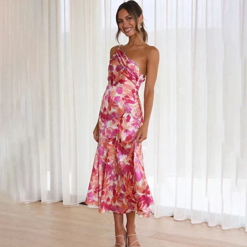 Women's Asymmetrical Floral Midi Dress With One-shoulder Design