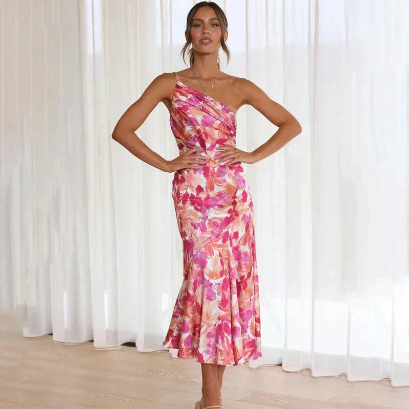 Women's Asymmetrical Floral Midi Dress With One-shoulder Design