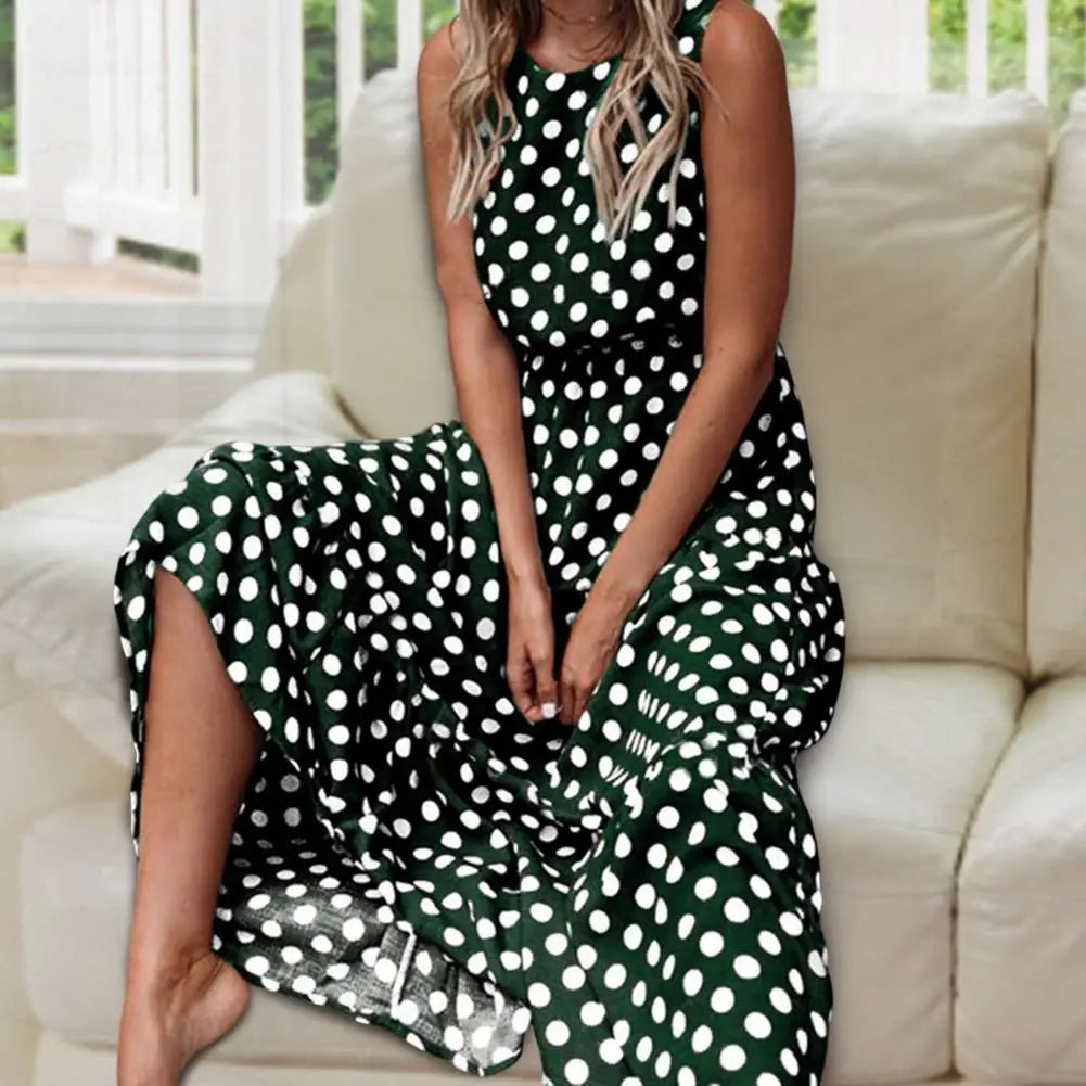 Women's Polka Dot Maxi Dress With Sleeveless Design