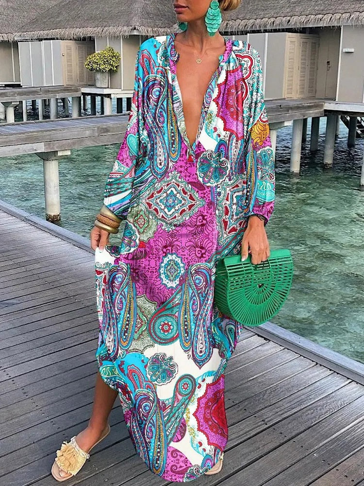 WOMEN'S BOHO PRINTED MAXI DRESS WITH DEEP V-NECK