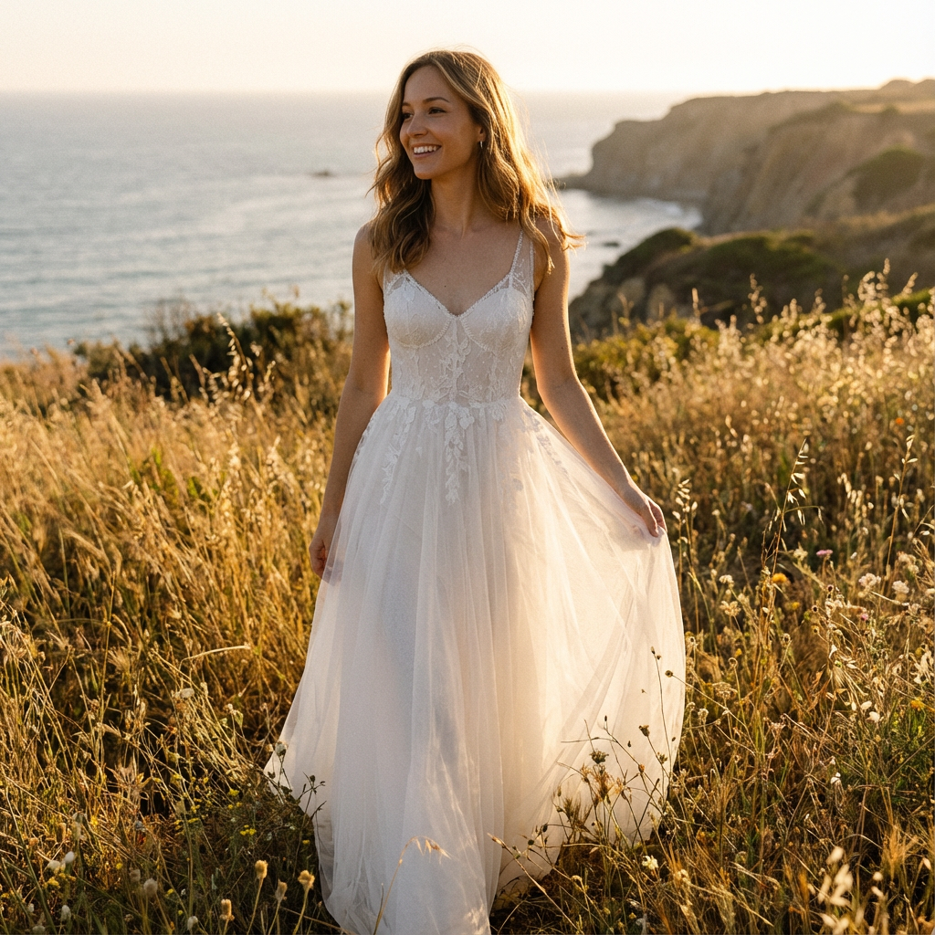 Sophie | Women's White Maxi Dress With V-Neckline And Lace Bodice | Bridal