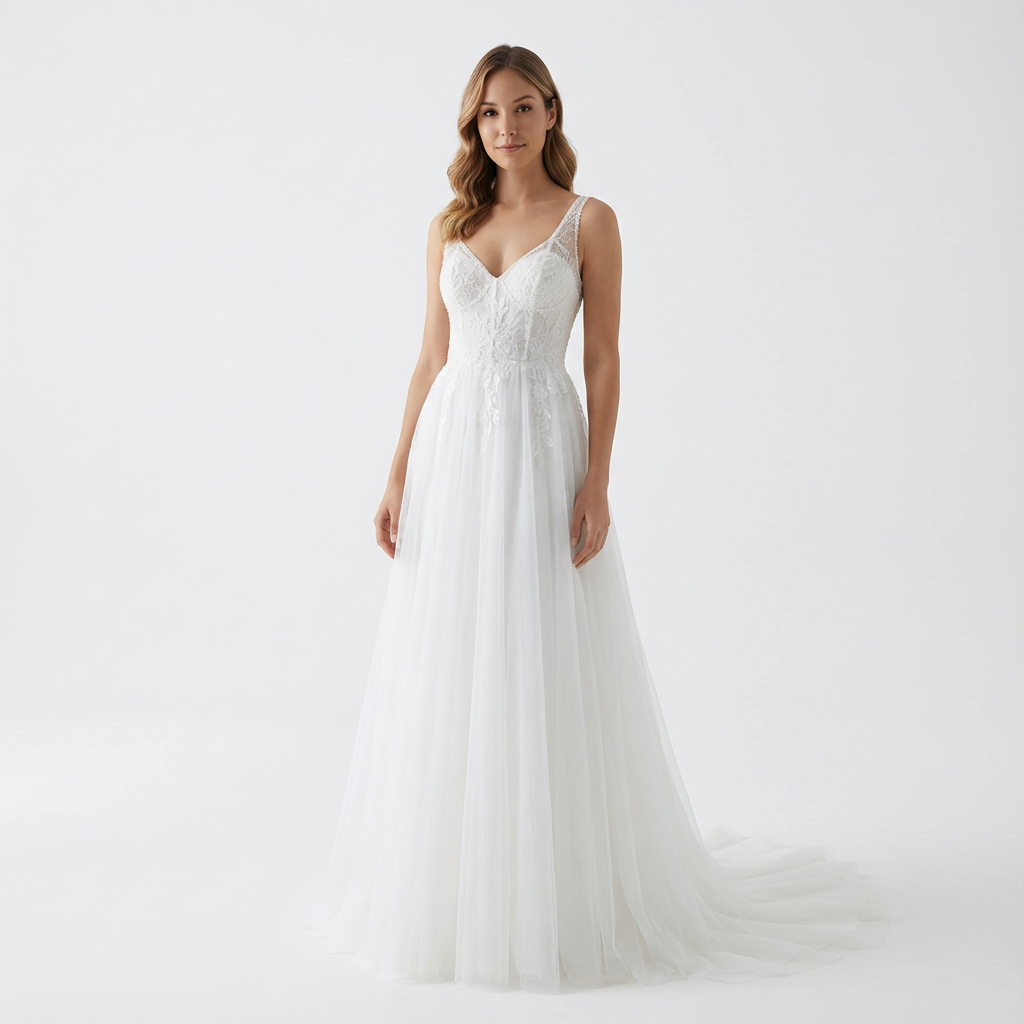 Sophie | Women's White Maxi Dress With V-Neckline And Lace Bodice | Bridal