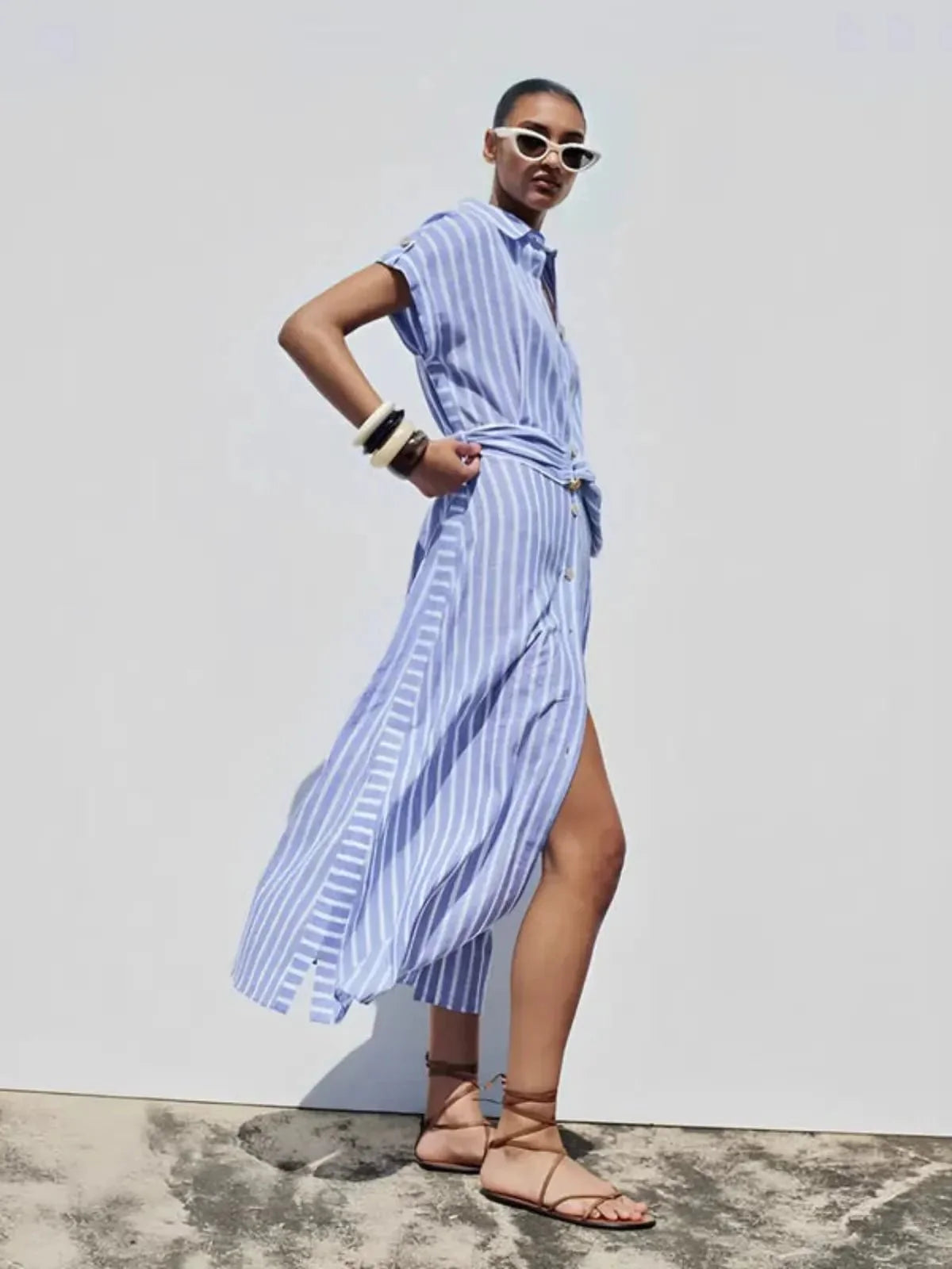 Women's Linen-blend Striped Button-up Maxi Shirt Dress With Belt