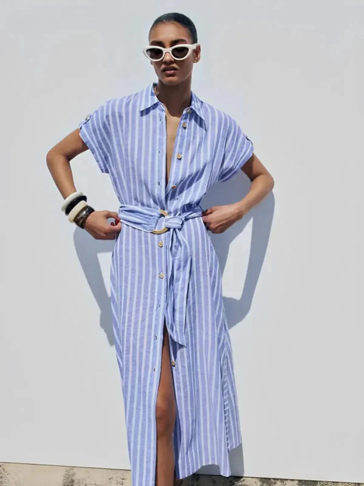Women's Linen-blend Striped Button-up Maxi Shirt Dress With Belt