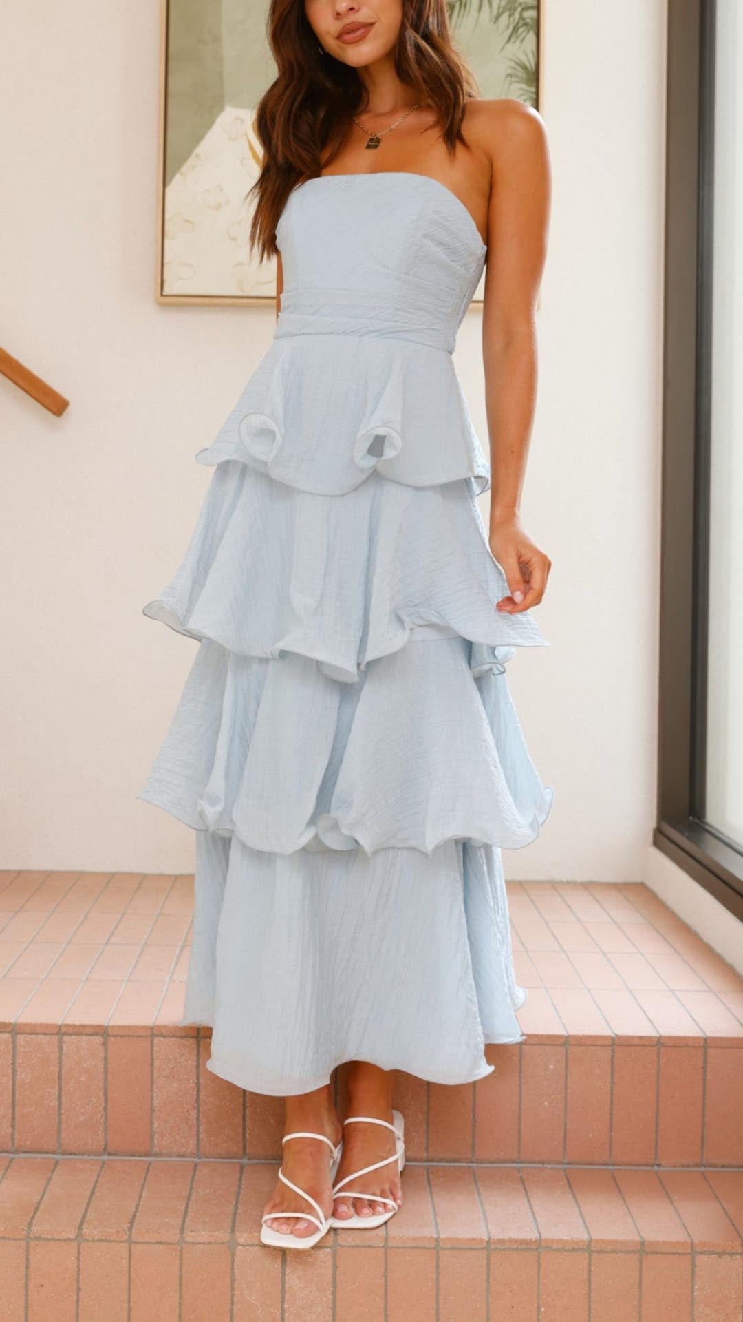 STRAPLESS RUFFLE MAXI WEDDING GUEST DRESS