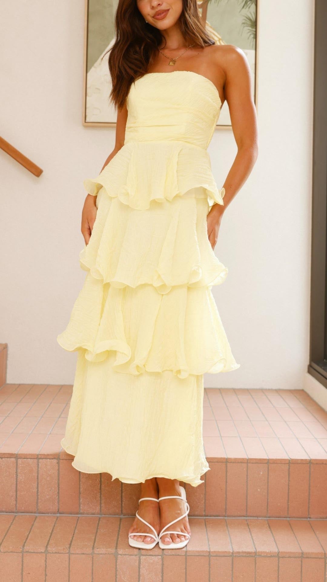 STRAPLESS RUFFLE MAXI WEDDING GUEST DRESS