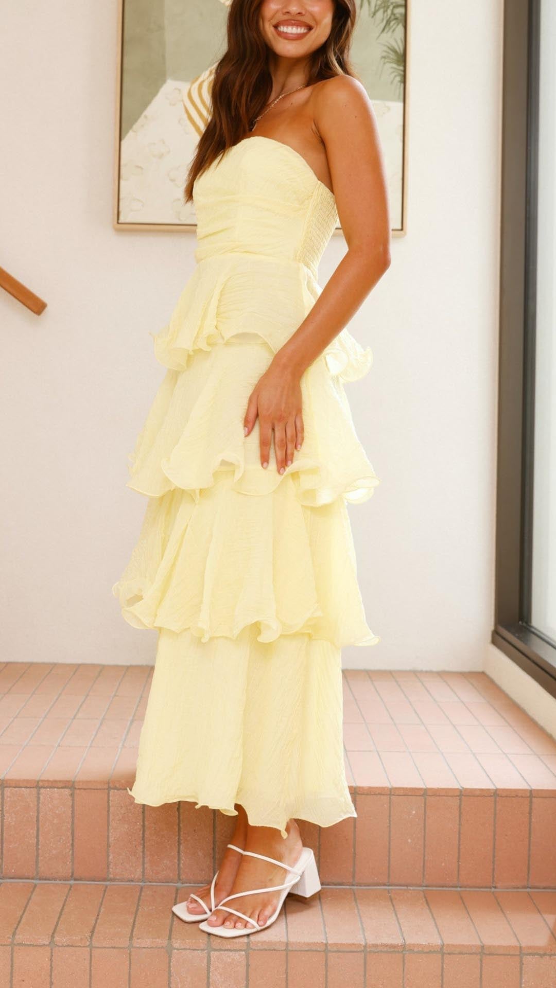 STRAPLESS RUFFLE MAXI WEDDING GUEST DRESS