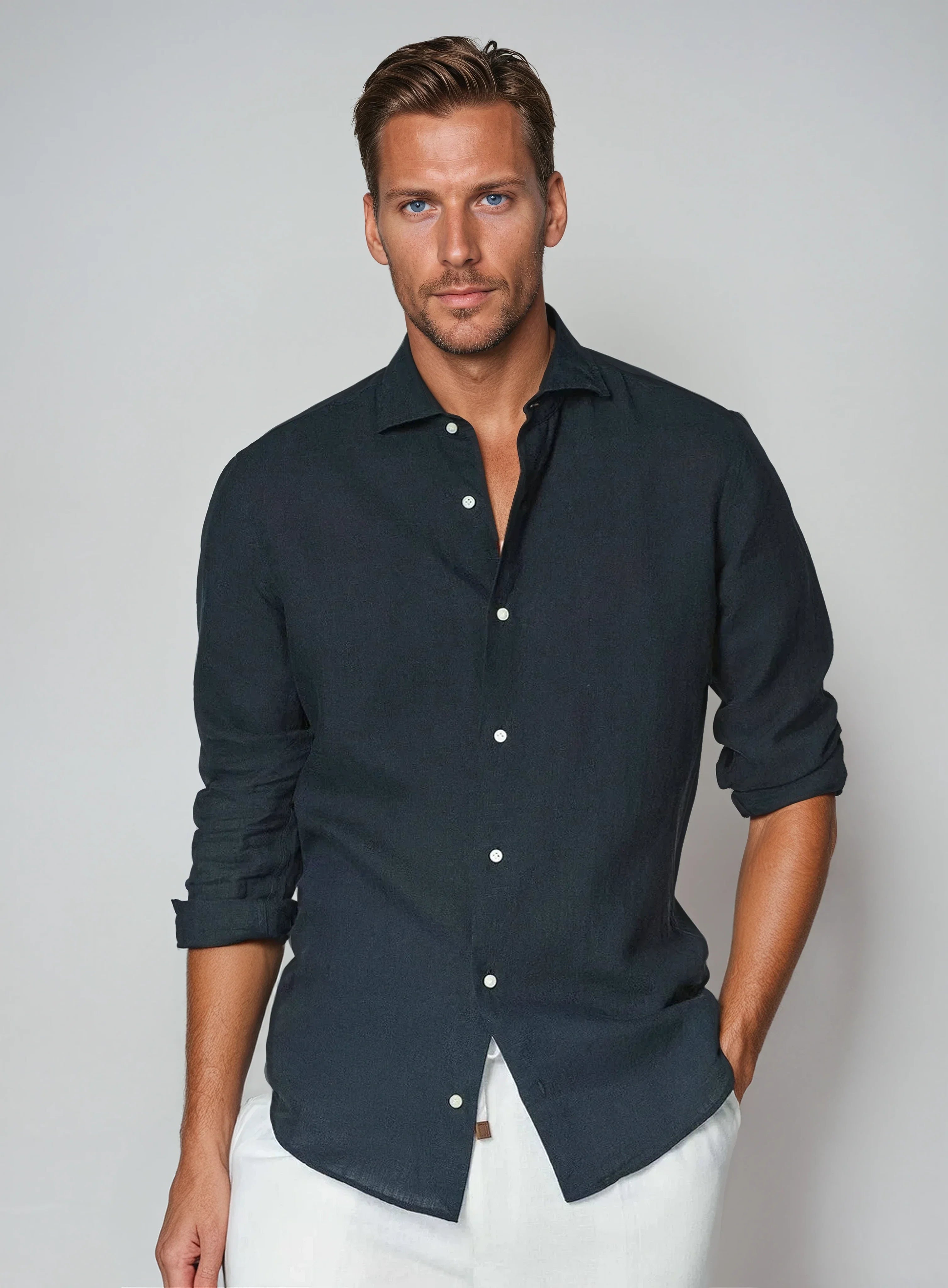 Old Money Tailored Navy Linen Shirt for Men