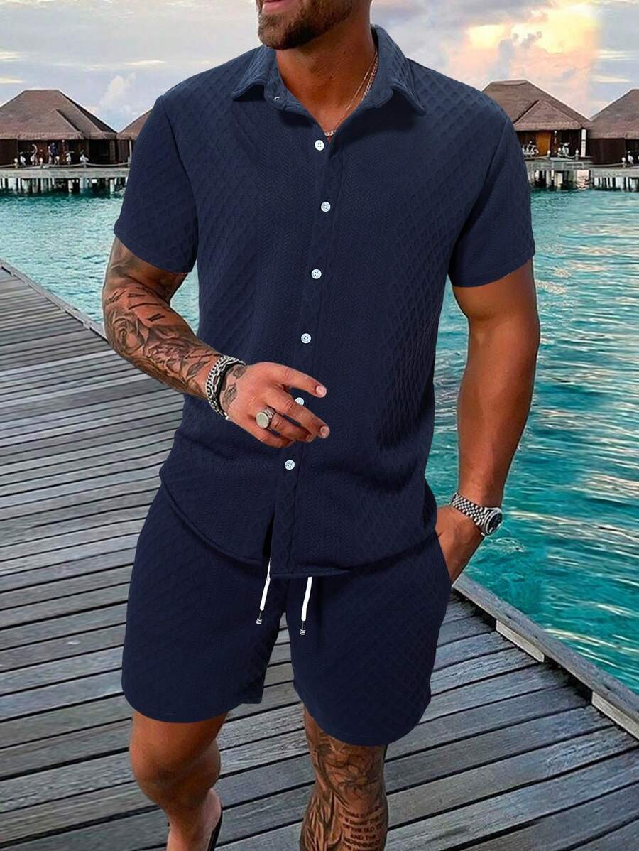 Textured Summer Shirt and Shorts Set for Men