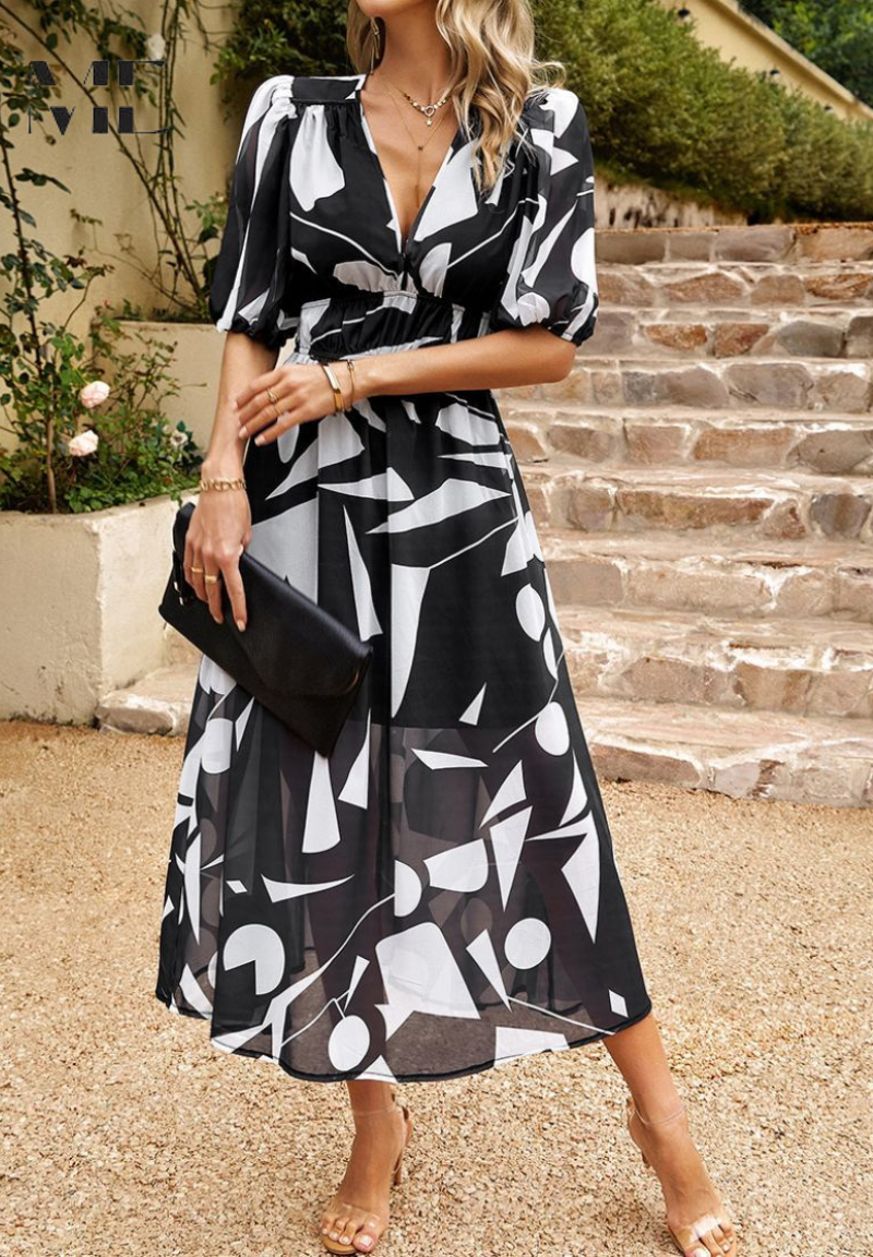Women's Floral Midi Dress With Puff Sleeves And V-neck