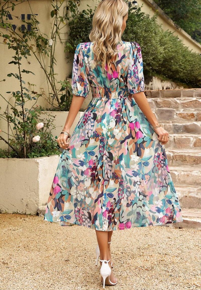 Women's Floral Midi Dress With Puff Sleeves And V-neck