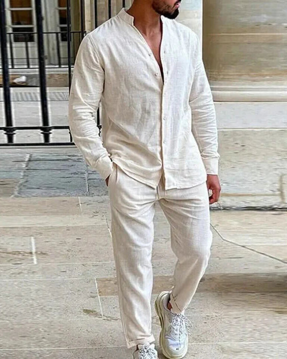 Casual Men’s V-Neck Linen Set Long Sleeve