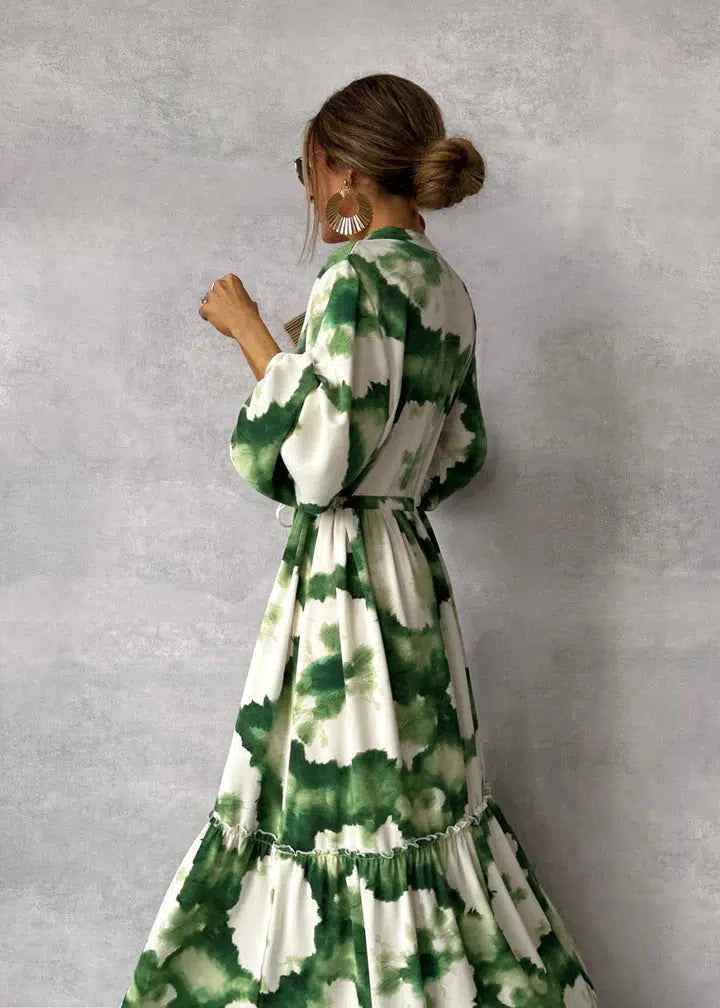 Women's Floral Maxi Dress with V-neck and Long Sleeves