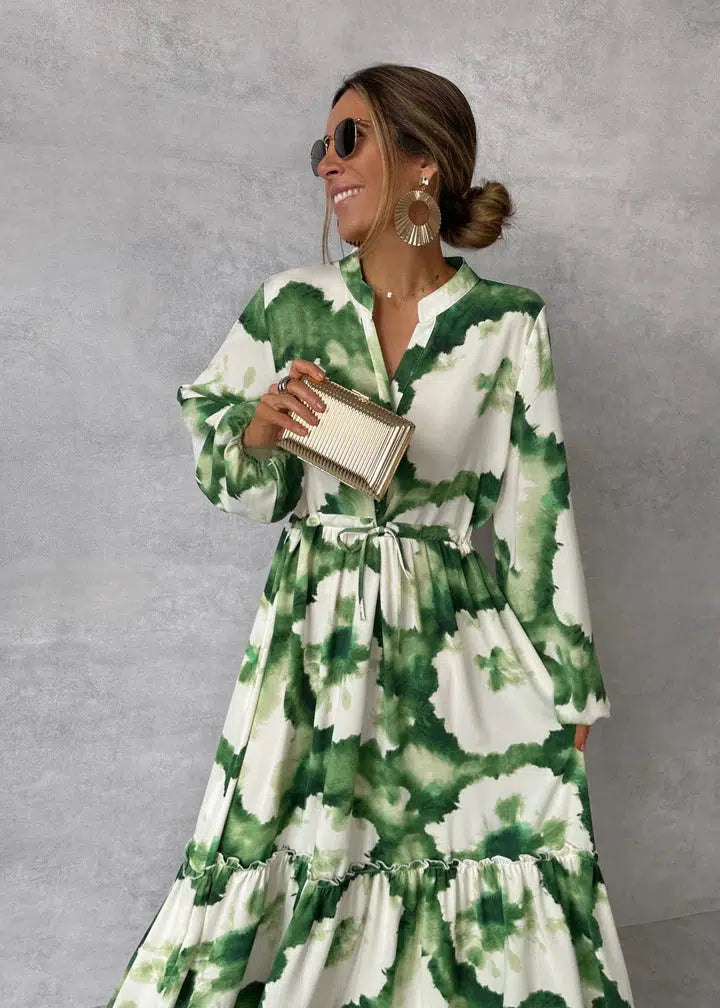 Women's Floral Maxi Dress with V-neck and Long Sleeves
