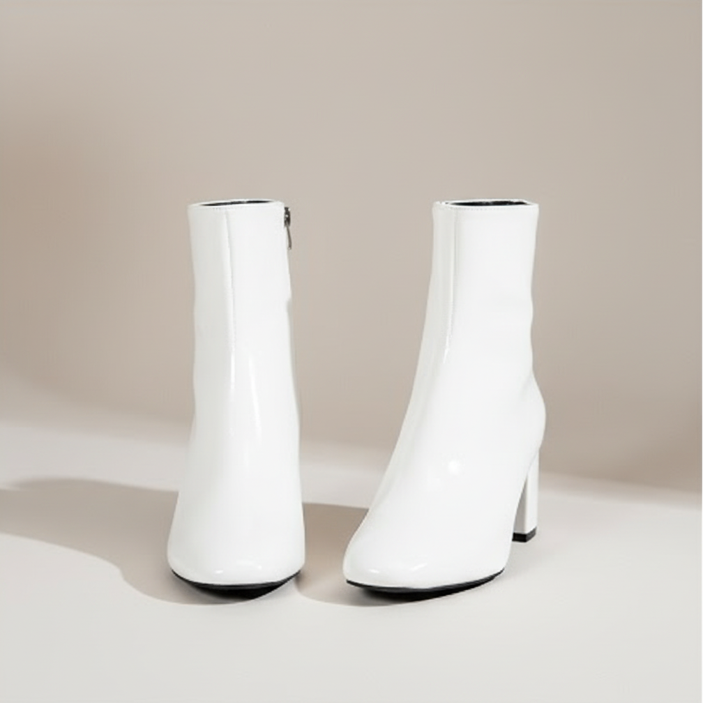 Willow | Women's White Heeled Ankle Boots With Square Toe And Side Zip | Elegant