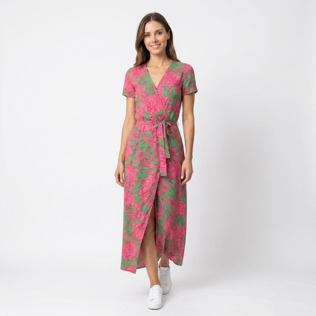 Willow | Women's Wrap Maxi Dress With Short Sleeves And Tie Waist | Tropical