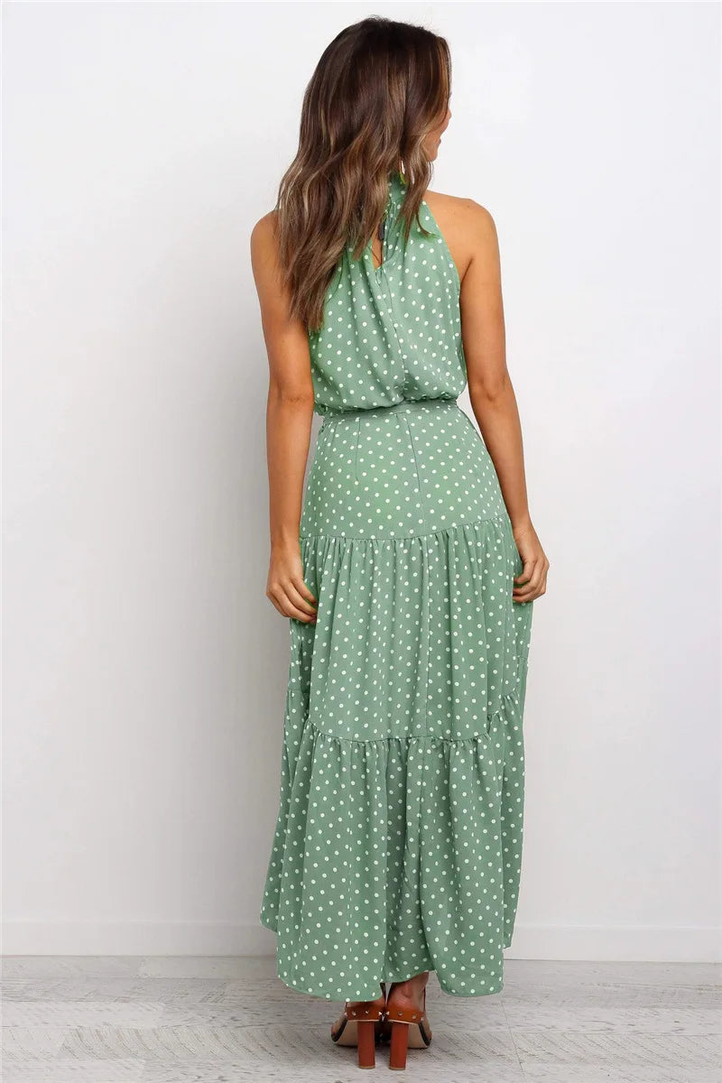 Women's Polka Dot Maxi Dress With Halter Neck And Tie Belt