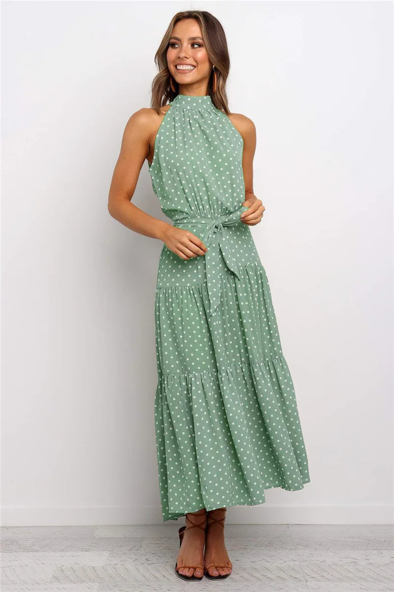 Women's Polka Dot Maxi Dress With Halter Neck And Tie Belt