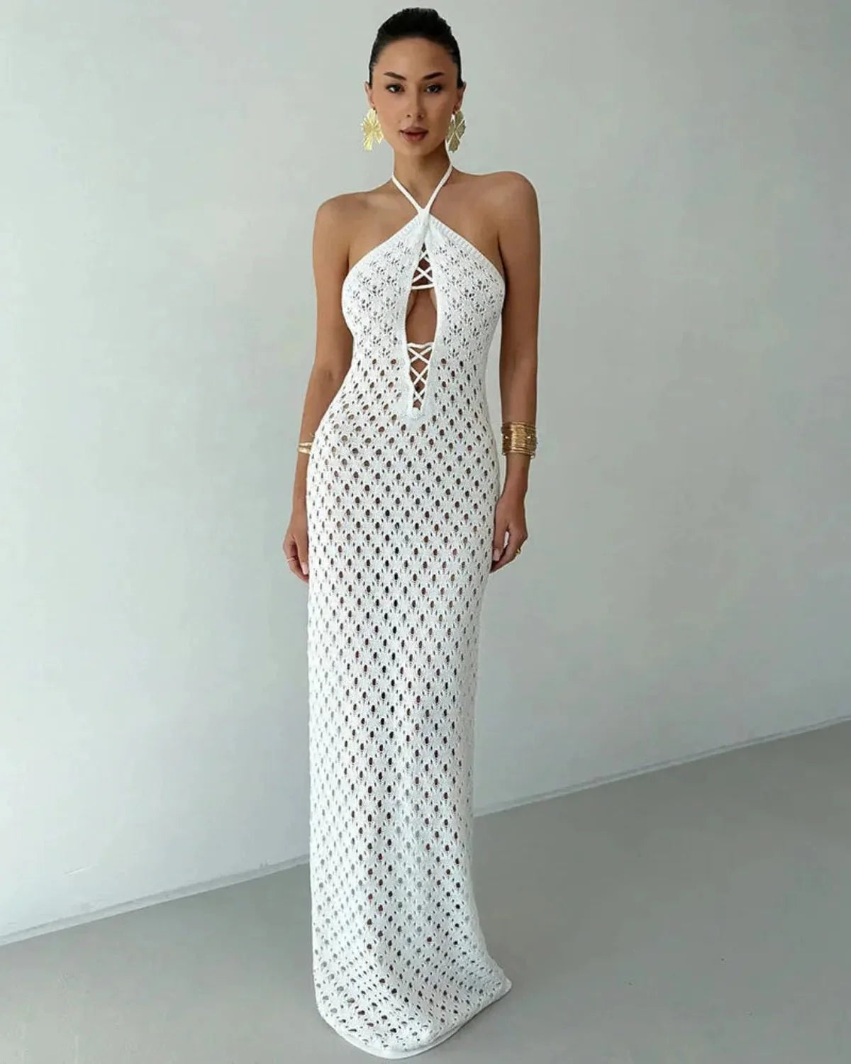 Women's Woven Halterneck Beach Maxi Dress With Front Cut-out