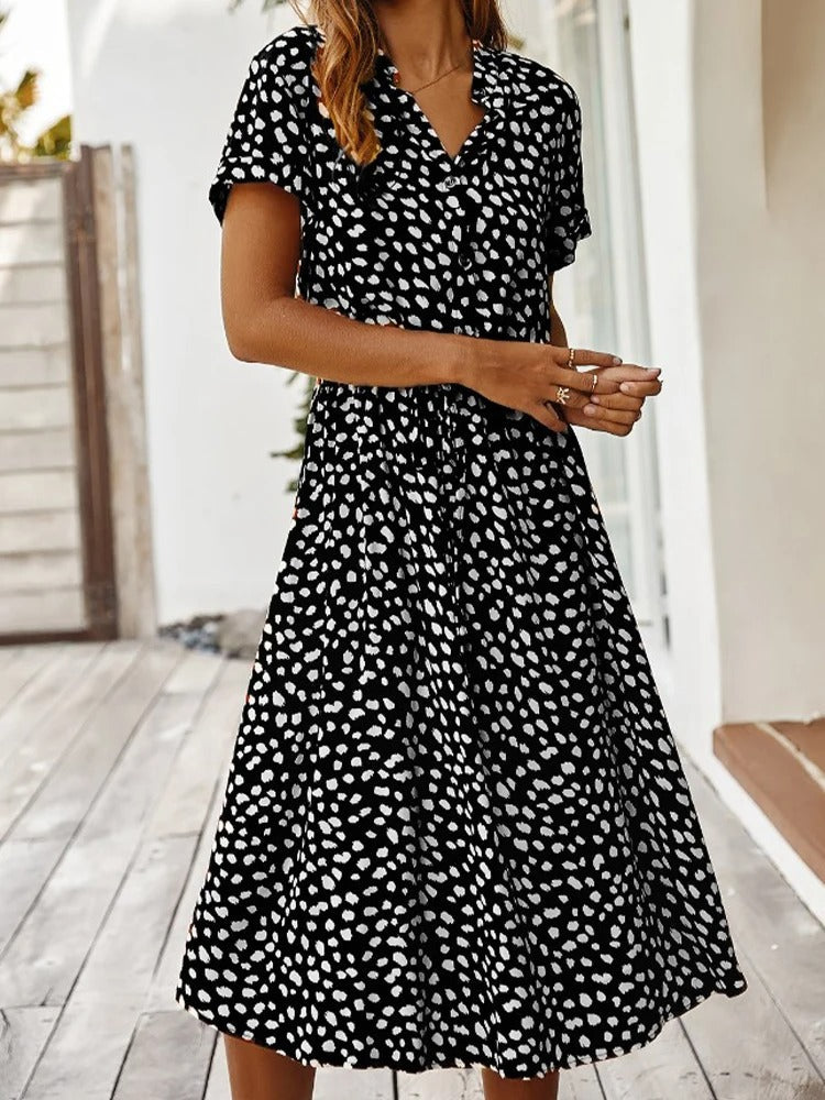 Women's Printed Button-down Midi Dress With Short Sleeves And Drawstring Waist